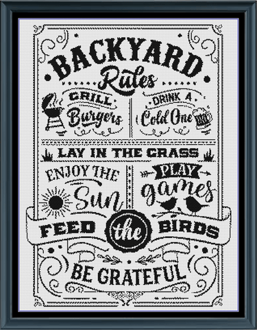 Stitching Jules Design Cross Stitch Pattern Backyard Rules Sign Funny Home BBQ Family Monochrome Counted Cross Stitch Pattern Digital Download